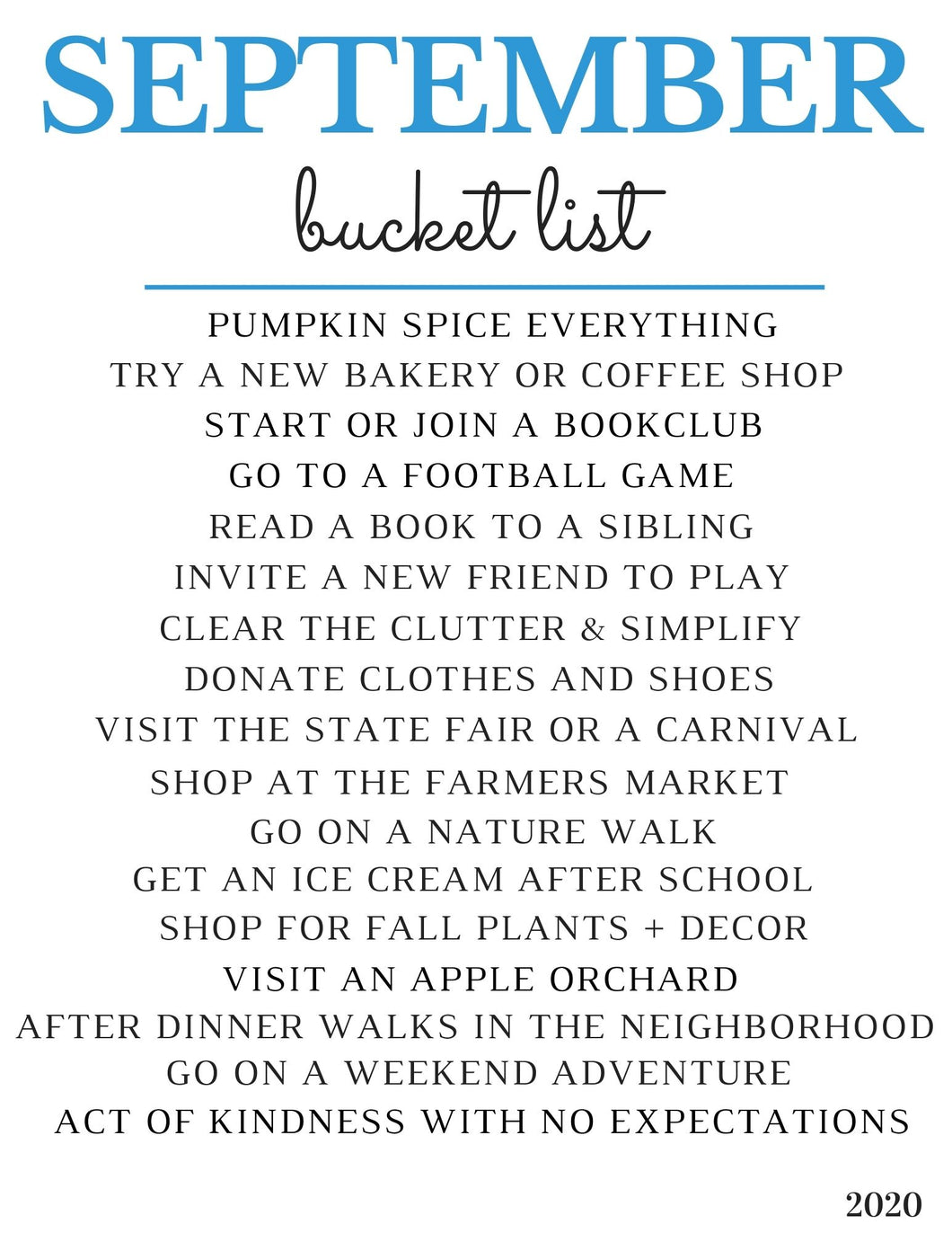Freebie! September 2020 Bucket List